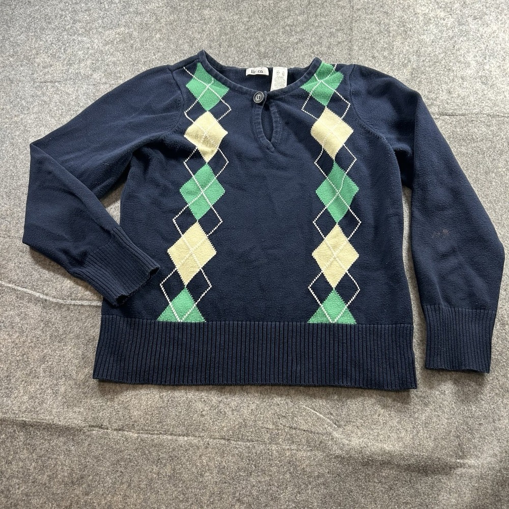 Vintage Liz & Co Sweater Womens XL Argyle Plaid Navy Blue Cotton Y2K Academic